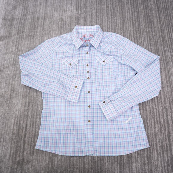 Wrangler Tops - Wrangler Western Snap Shirt Womens Large Blue Pink Plaid Excellent Long Sleeve